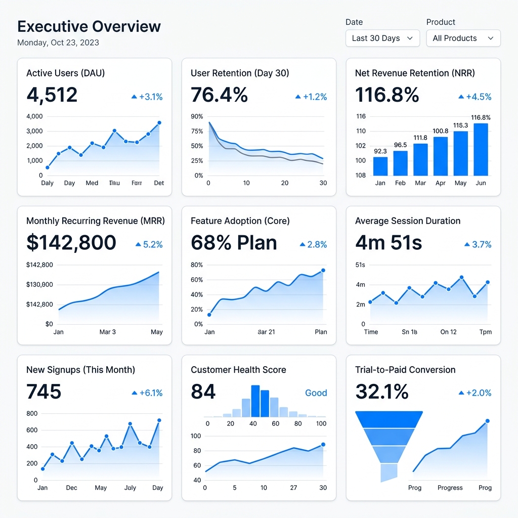 Clean 3x3 SaaS Executive Dashboard tracking core metrics like NRR, MRR, and Adoption