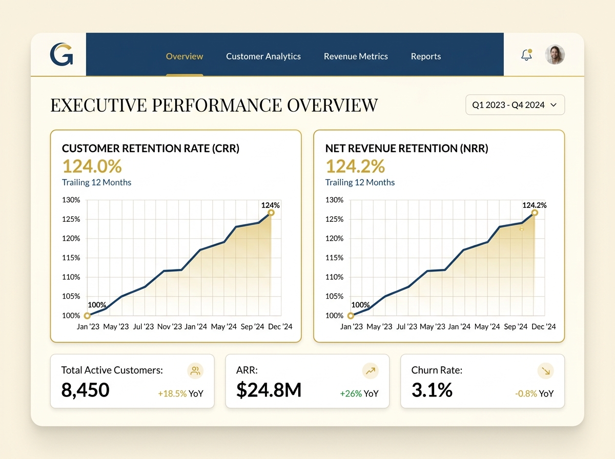 Customer Success executive performance metrics dashboard showing Net Revenue Retention of 124.2%